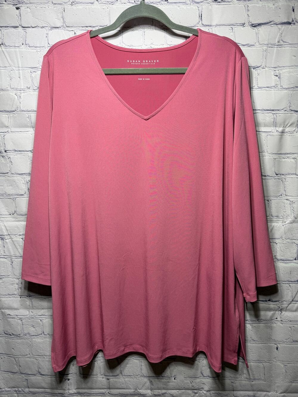 Susan Graver Womens Liquid Knit V-Neck Long Sleeve Top Pink Sz 2X Stretch